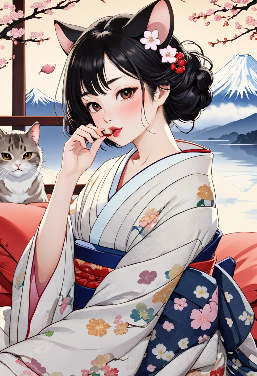 (utamaro style:1.2) , Hallucination, daydream , nightmare , Insane Dream , bokeh , erotica , romance , realistic mouse nymph and realistic cat , kimono , futon , Petals fluttering down , Single eyelids, round nose, swollen cheeks , glossy lips , Mount Fuji, Hawk, licking Eggplant , Collarbone