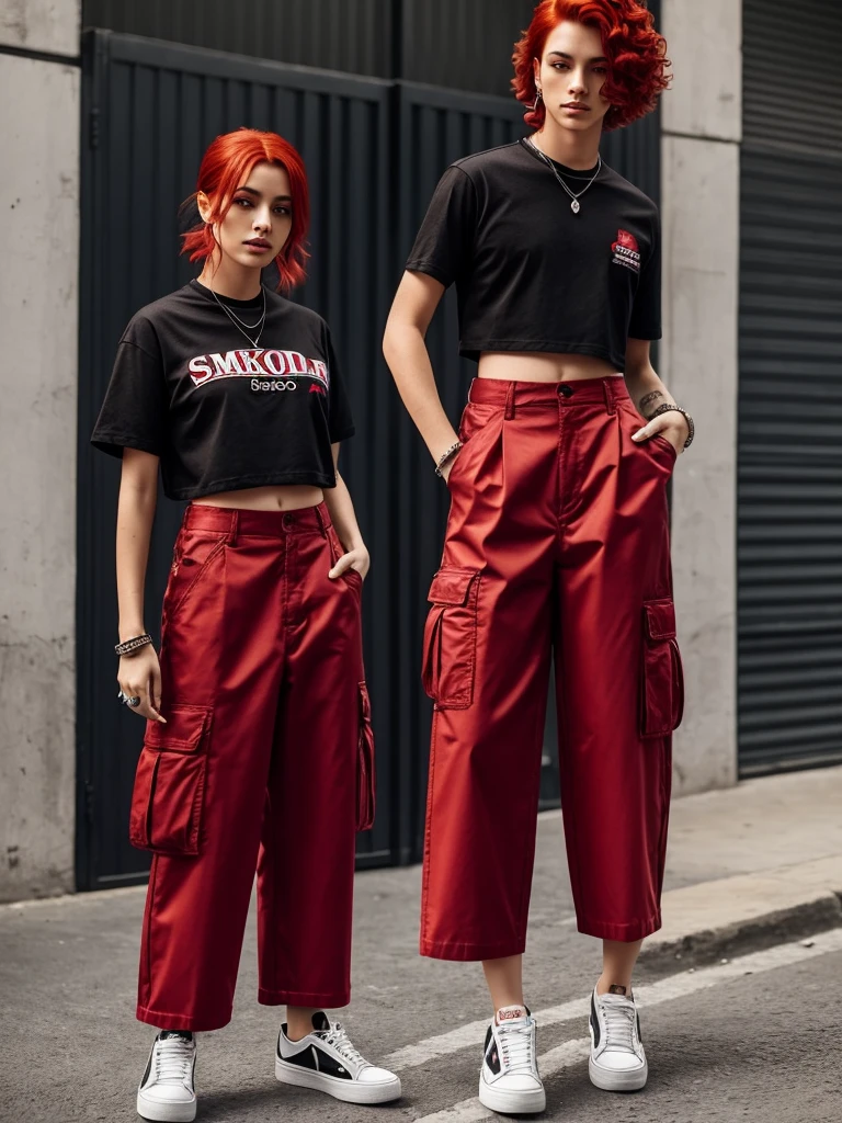 one with red hair, smoking a cigarette, com cropped preto, wide cargo pants, e piercing no septo