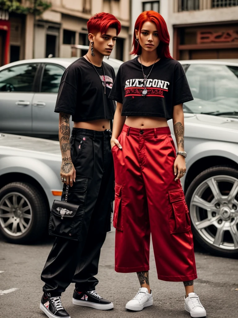 one with red hair, smoking a cigarette, com cropped preto, wide cargo pants, e piercing no septo