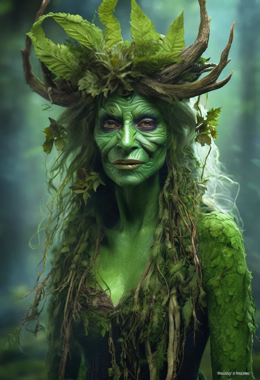 Swamp hag. Green skin. a fantasy winter twig creature in a forest, a character portrait, forest background by Wendy Froud, in the style of Donata Giancarlo featured on zbrush central, fantasy art, wild rave outfit, anthropomorphic, psytrance, flora, 4K OCTANE RENDER, FANTASY ART.