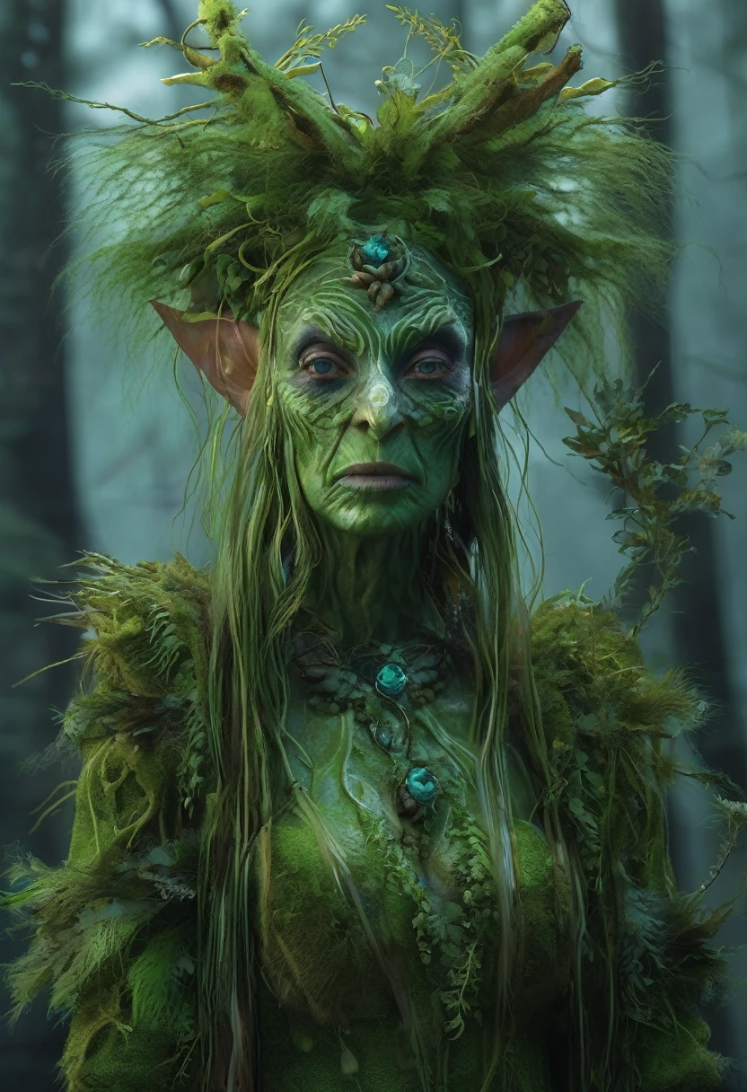 Swamp hag. Green skin. a fantasy winter twig creature in a forest, a character portrait, forest background by Wendy Froud, in the style of Donata Giancarlo featured on zbrush central, fantasy art, wild rave outfit, anthropomorphic, psytrance, flora, 4K OCTANE RENDER, FANTASY ART.
