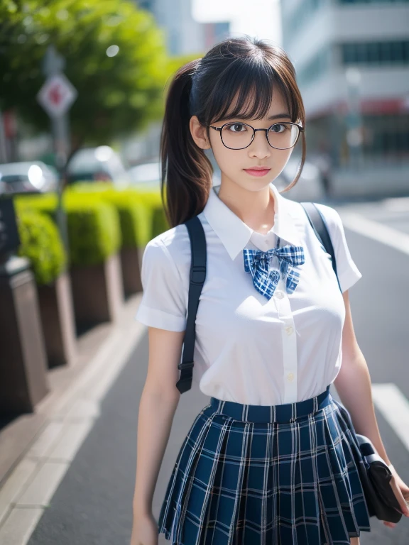 （8k、RAW Photosgraphy、highest quality、masterpiece：1.2),Staring at the audience,Viewed from the front,Short Ponytail,strong,Muchimuchi,erotic,student,Light green Bra,White skin,knees,(Black Pantyhose),Absurd,Small Face,,Flat Chest,Part the front hair from the middle、The forehead is visible,(Embarrassed,Squinting my eyes,Glare,strong,skinny,Sanding,Rage)、masterpiece,highest quality、超A high resolution,RAW Photos,Len,Beautiful poop,one person, solo,Glasses,,Small breasts,whole body,Round Glasses、cute、Back to Students,ＪＫ ,high school girl,Japanese women,standing,（Photorealistic：1.37）、Photon Mapping,Realistic、cute face,Brown eye、Black socks、(Red bow tie)、Radio City、Physics-based Lensing、prospect、Depth of written boundary、Blurred Background、picture,Girls、body,Beautiful feet, Long legs, Thin legs,Tie your hair into one strand on your chest,(I can see the front hair), hair, Lips, green_eye, Nose Soft,(Light blue shirt), (Navy, blue and white checkered pleated skirt), I can see the knees,See-through clothing,, thigh, black cotton socks,Nogizaka Idol, , Japanese Idol, medium breast 