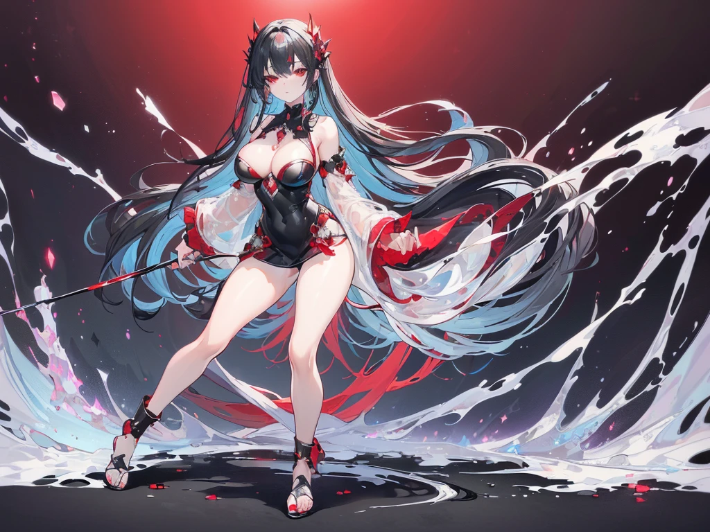 (Exquisite eyes),(Clear and beautiful eyes:1.61),masterpiece, 1 young girl,(Black clothes and some red gems), Black long hair, (She has a huge red gem on her chest), Good Hand,((The Havoc of StarCraft)),full-body shot,Fighting Stance,(Red Eyes:1.466)，short and small,(Very big breasts:1.35),(Pretty Face),(full-body shot:1.33),Beautiful hands