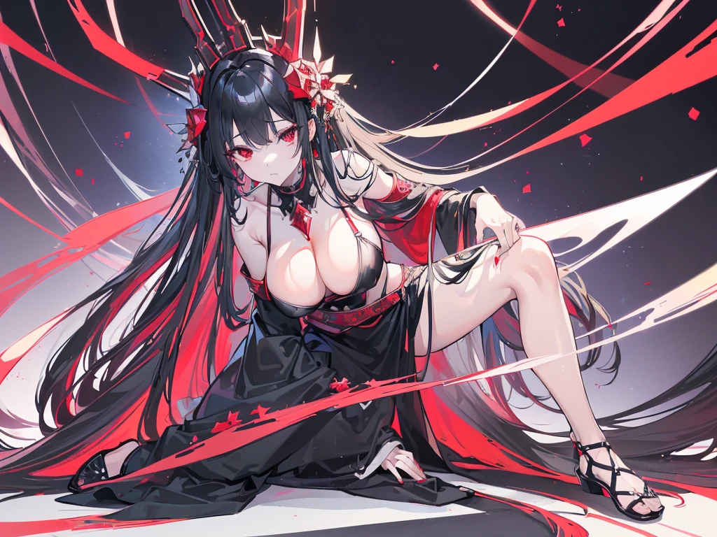 (Exquisite eyes),(Clear and beautiful eyes:1.61),masterpiece, ung girl,(Black clothes and some red gems), Black long hair, (She has a huge red gem on her chest), Good Hand,((The Havoc of StarCraft)),full-body shot,Fighting Stance,(Red Eyes:1.466),short and small,(Very big breasts:1.35),(Pretty Face),(full-body shot:1.33),Beautiful hands