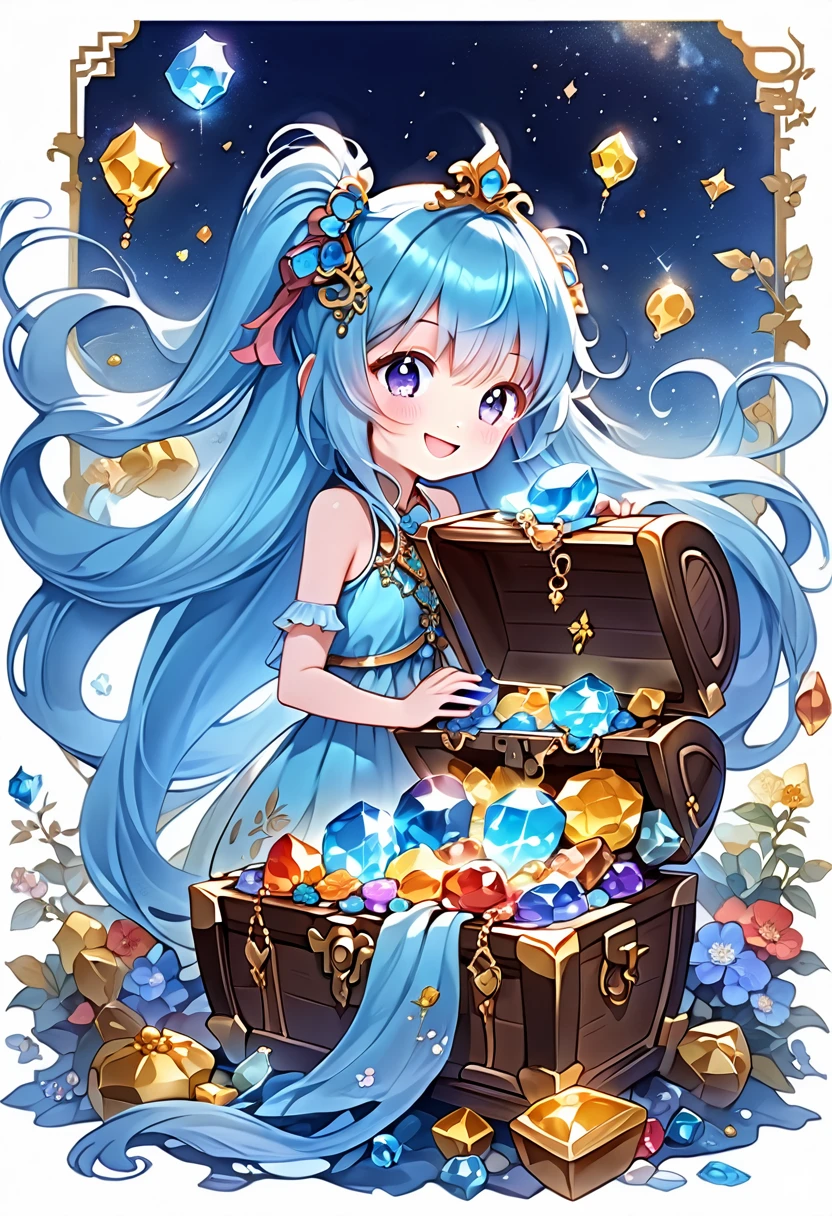 Light blue long hair、Twin-tailed Girl、Get the key and open the big treasure chest、Bright smile、Gemstones are shining、