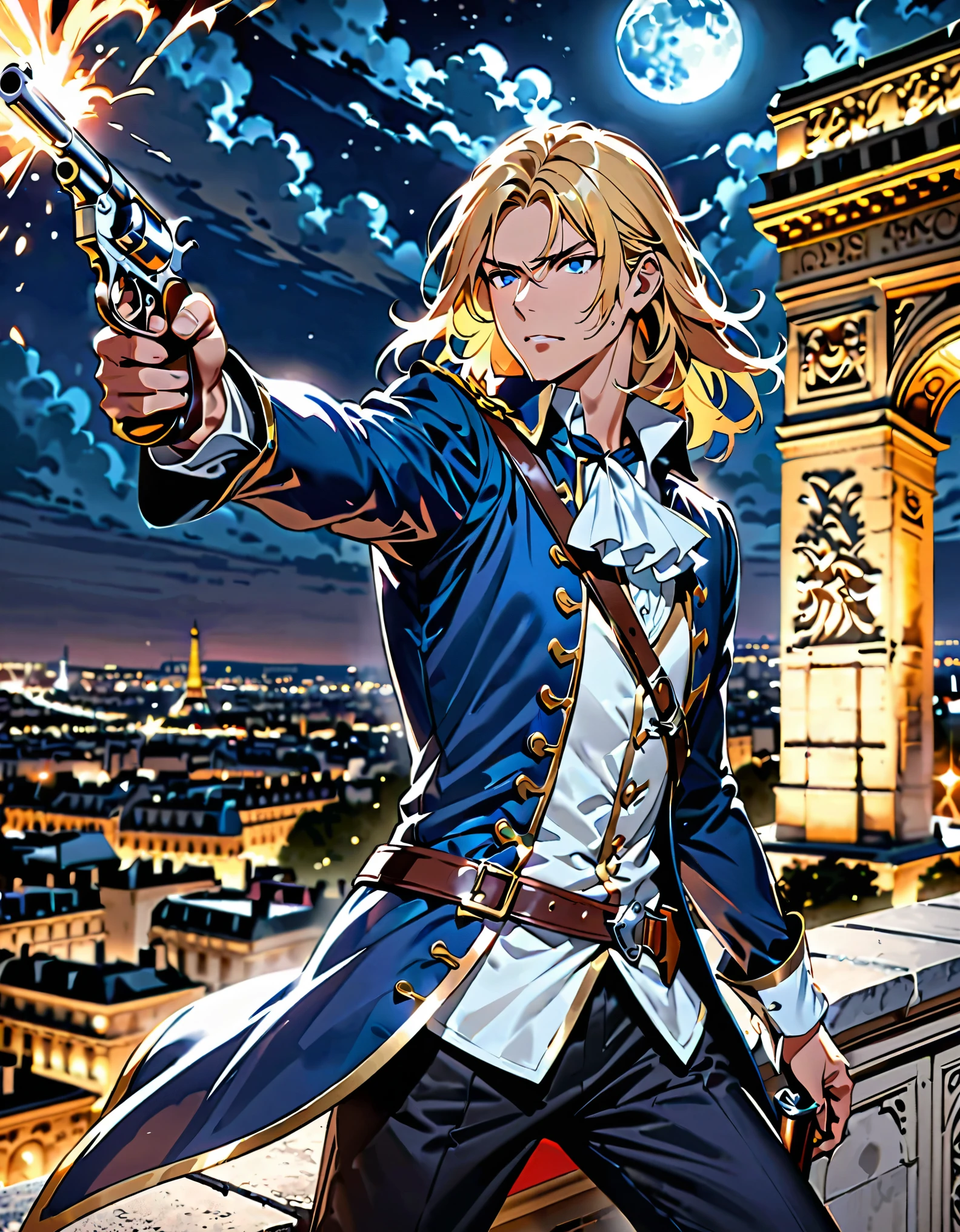 (masterpiece), (best quality), (hires), 1man, solo, solo focus, male focus, dynamic action pose, handsome french male, musketeer, gentleman, holding weapon, holding gun, holding and aiming a flintlock pistol with one hand, muzzle flash, blonde hair, medium hair, hair down, blue eyes, (wearing edgmousquetaire), sheath, looking away, modern paris, night, outdoors, rooftop, ledge, arc de triomphe, full moon