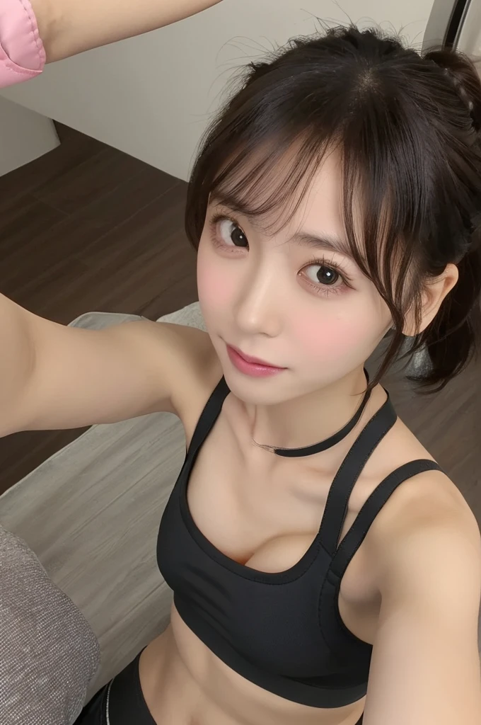 nsfw, (wearing sports bra, side-tie panties:1.4),bra top:black, (selfie shot:2), (Close Up: small chest:1.5),from above,(small chest:1.3), Top quality, 1 beautiful Japanese woman, teen,high school student,(18 years old),medium hair, (brown hair:1.2), Ultra-realistic capture, Highly detailed, High resolution 16k close-up of human skin. Skin texture must be natural, With such detail that pores can be finely identified. Skin should look healthy, In a uniform tone. Use natural light and color,