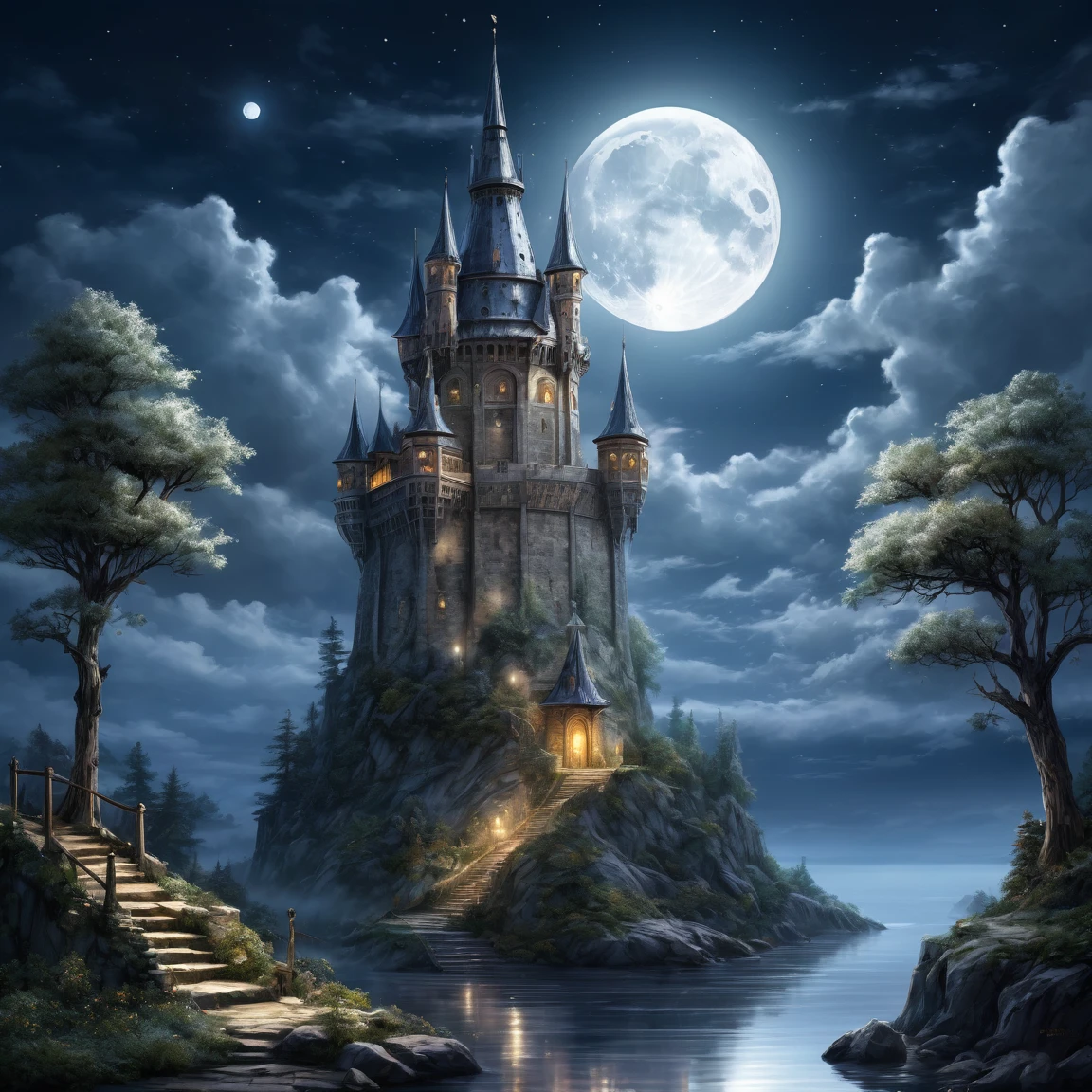 (best quality)), ((masterpiece)), ((realistic,digital art)), (super detailed), (gigantic tower of very slender mother-of-pearl under moonlight), (medieval fantasy style), magicians tower