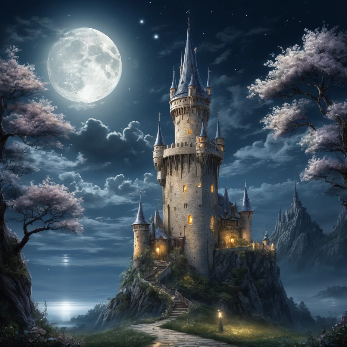 (best quality)), ((masterpiece)), ((realistic,digital art)), (super detailed), (gigantic tower of very slender mother-of-pearl under moonlight), (medieval fantasy style), magicians tower