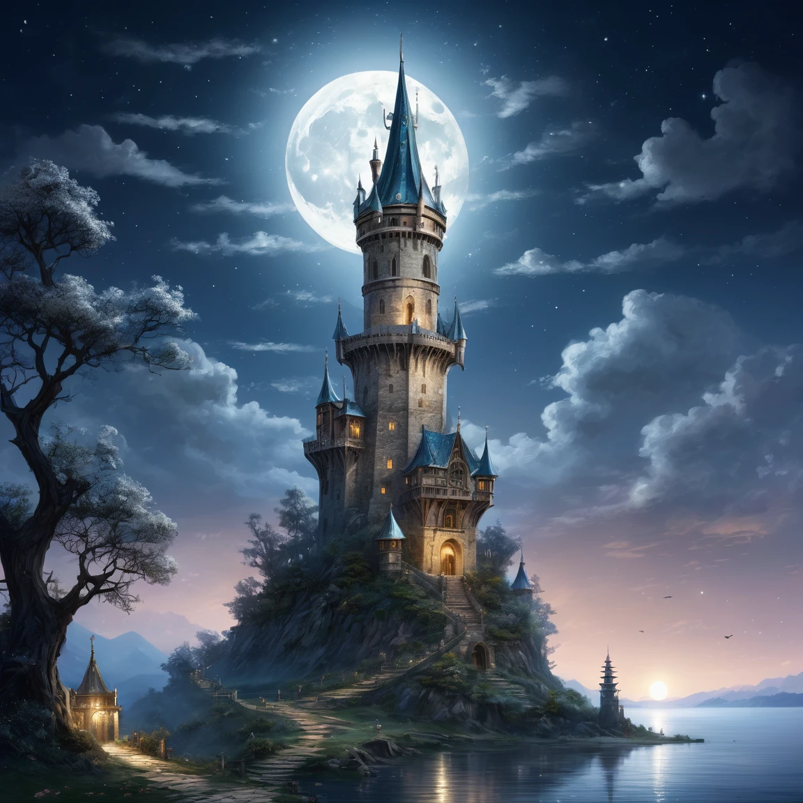 (best quality)), ((masterpiece)), ((realistic,digital art)), (super detailed), (gigantic tower of very slender mother-of-pearl under moonlight), (medieval fantasy style), magicians tower