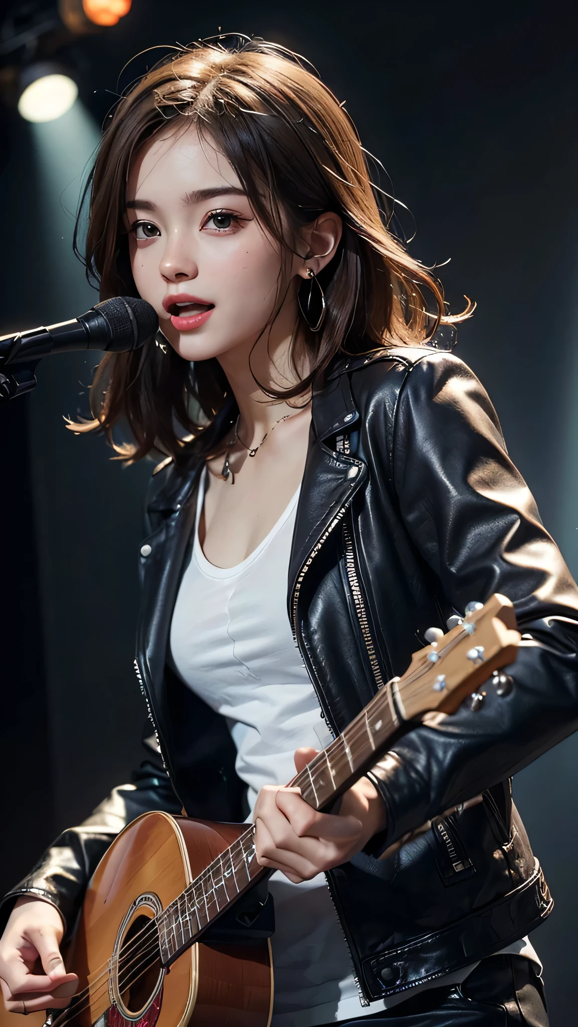(Masterpiece:1.3, Best quality, Photorealistic, Ultra-detailed, finely detailed, high resolution, 8K wallpaper), 1 beautiful girl, Lead singer of the band group, In a leather jacket, Sing with an electric guitar, standing microphones, Mouth open, Beautiful face, Detailed face, Beautiful eyes, Detailed eyes, Smiling, Earrings, necklace, Detailed guitar, (Straight guitar neck and strings), Medium length light brown hair, be on stage, spotlight, Look at the viewer