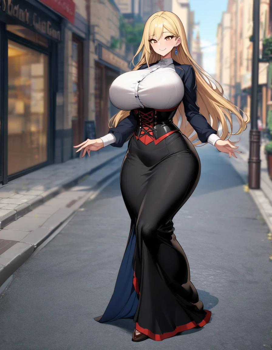 blonde hair color,long hair,light brown eyes,corset, long skirt,earrings,huge breasts,Whipped thighs,slender,near,street background,SFW,perfect,high quality,faultless,smile