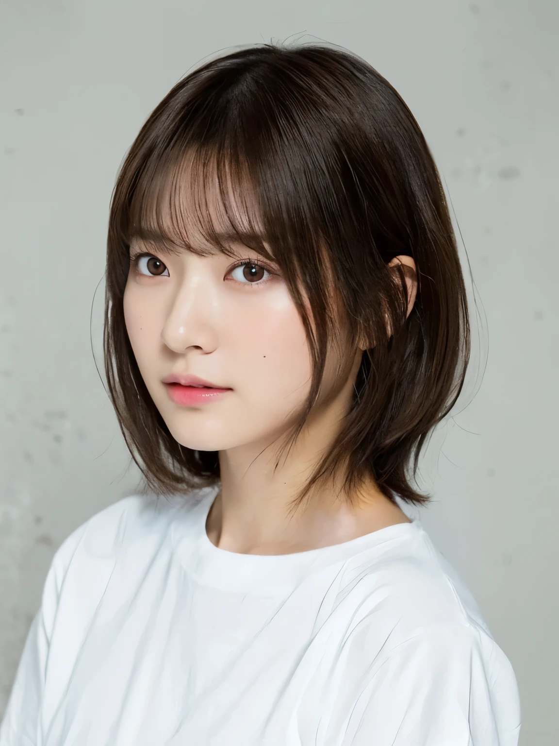 (Highest quality、16K resolution)1 girl、solo、Natural soft light、、Japanese women、Looking into the camera、White T-shirt、Concrete Background、Look forward、standing、Beaver、Female in her late teens、Light bangs、short hair、Salon model、Natural look、Portrait、Floated hair、Roll Hair