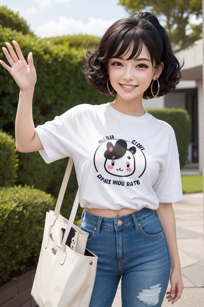 make a logo with the character that will be described below, being her, the brand mascot, The brand name is: CALF.toyart the character is a funko pop of a white girl with short curly black hair and dark brown eyebrows, small silver hoop earring, wearing black shirt, gardener jeans, She has a happy face and is waving her hand. ela é the brand mascot BE.TOYART