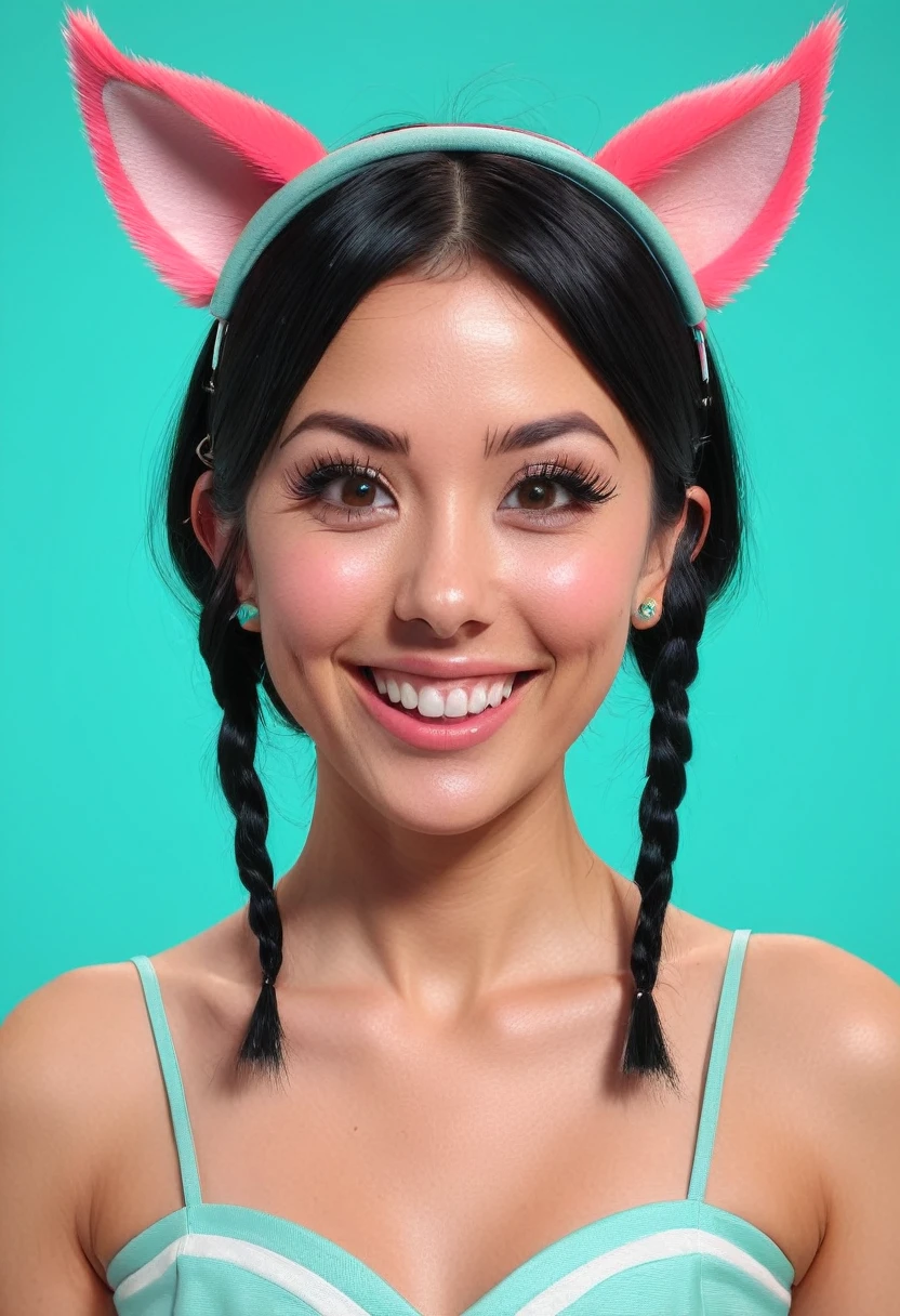 black hair, hair bobbles, wince, longeyelashes, solid circle eyes, fake animal ears, light smile, ear blush, fang, Surrealism, drop shadow, anaglyph, stereogram, tachi-e, pov, atmospheric perspective, 8k, super detail, ccurate, best quality