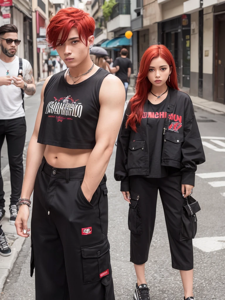 one with red hair, smoking a cigarette, com cropped preto, wide cargo pants, e piercing no septo