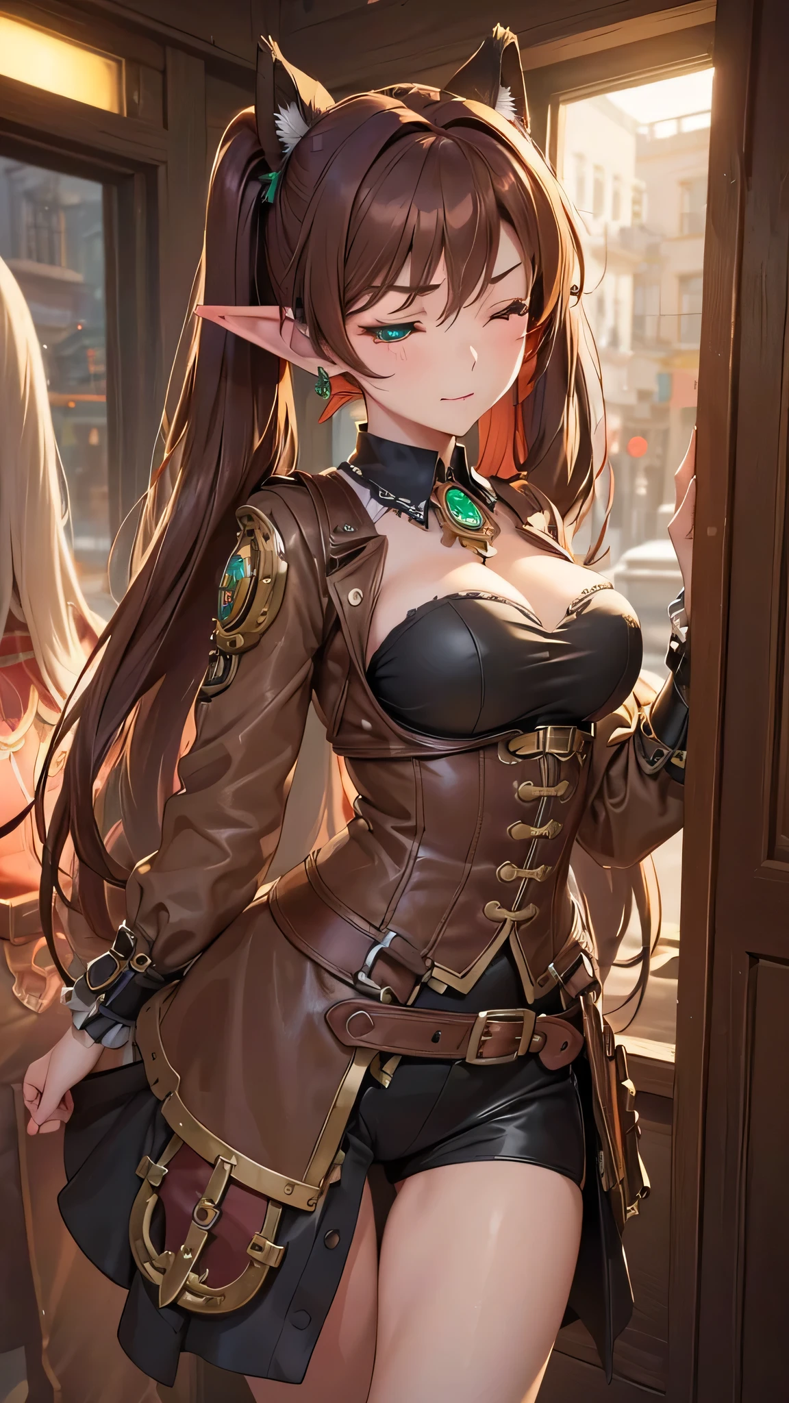 "((short steampunk corse)),((Mexicana peliroja, white skin)),((Twintail)),(1solo),(1 girl view),full_body, 1 girl view,female, young, , 70% nude, (long hair), ((red-light brown hair)), snowflakesdetailed cute anime face, ((pointy_ears, seductive pose, flirty with one eye closed)), (((big_breasts, firm breasts))), (green-brown ligth eyes), random side angle)":(all realistic intricate details)