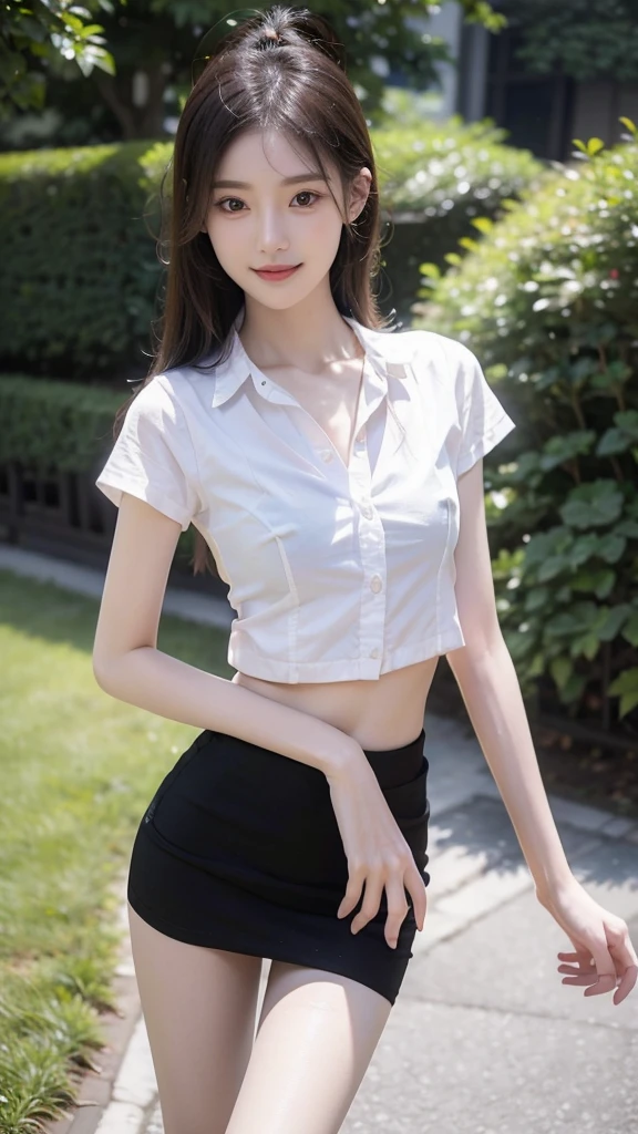 RAW, masterpiece, best quality, extremely detailed, 8k, HDR, photorealistic, intricate, A skinny Asian girl, she has an extremely slim body with narrow and small hips, long straight hair, wearing a short sleeves office shirt and white panties, smile, standing, outdoors