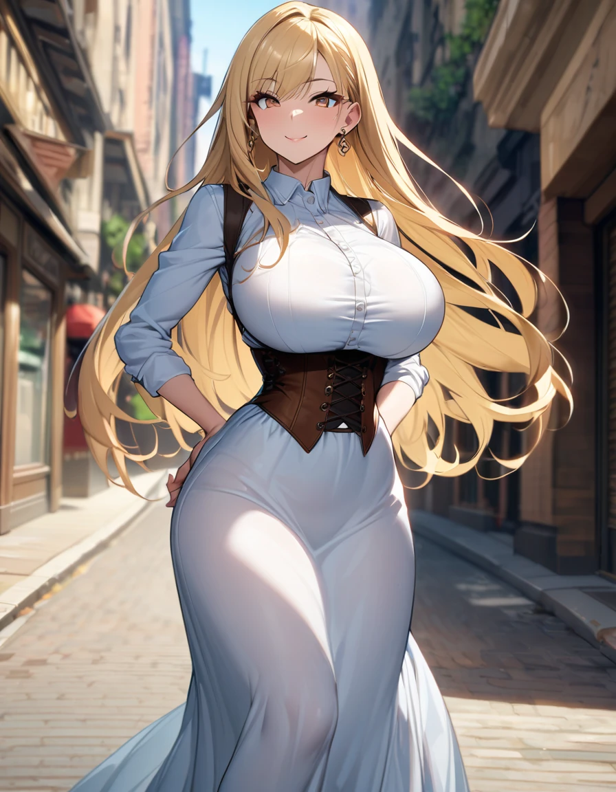 blonde hair color,long hair,light brown eyes,corset, long skirt,earrings,huge breasts,Whipped thighs,slender,near body,street background,SFW,perfect,high quality,faultless,smile