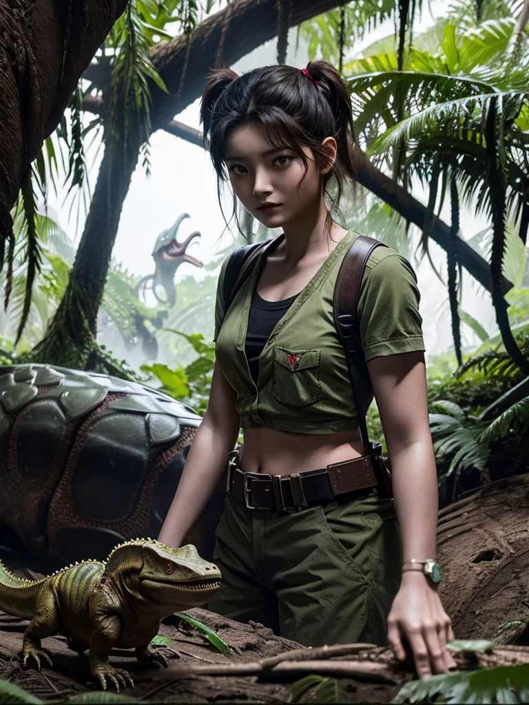 Chica linda como wang yiren, in jurassic park jurassic park with a little dinosaur.