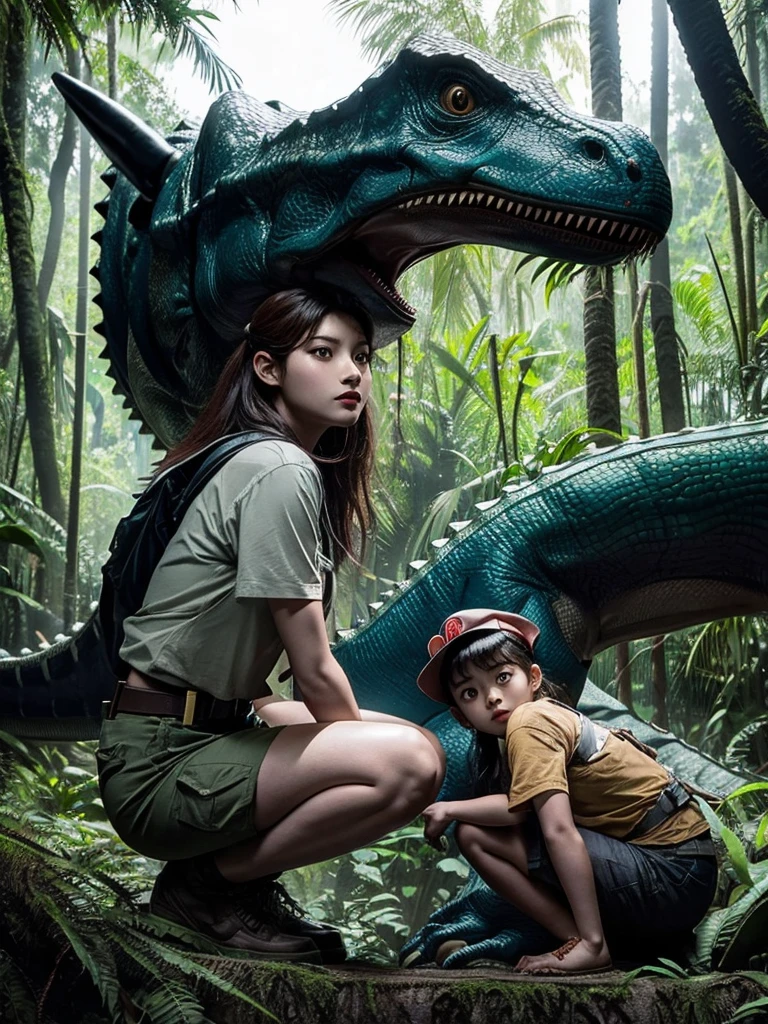 Chica linda como wang yiren, in jurassic park jurassic park with a little dinosaur.