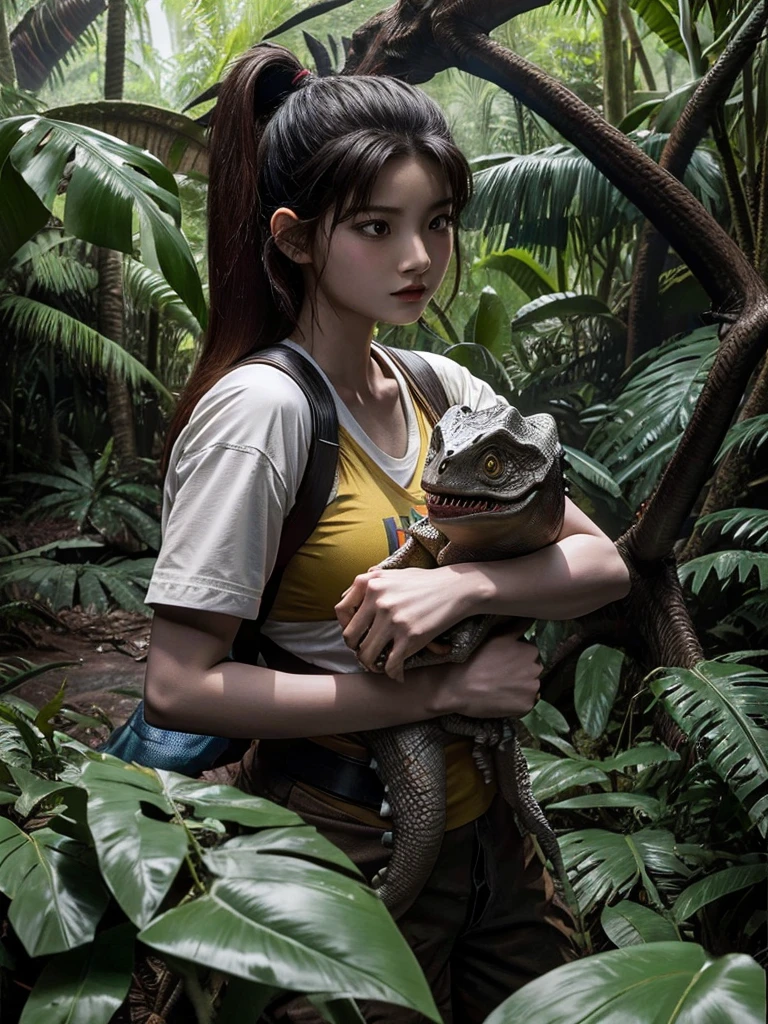 Chica linda como wang yiren, in jurassic park jurassic park with a little dinosaur.