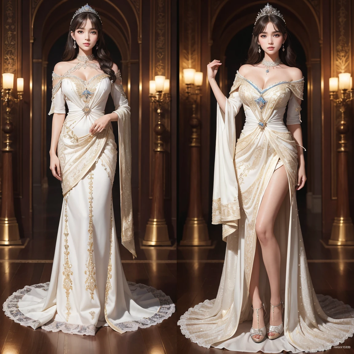 (masterpiece, highest quality), ultra detailed, high resolution, 16k, the most beautiful face in the world, highly detailed beautiful face and eyes, shiny skin, fine cloth texture, perfect anatomy, BREAK, (the incarnation of beauty:1.5), (goddess of beauty:1.5), (gorgeous and stunning princess:1.5), (perfect make-up:1.3), loving look, full of elegance. (full body:1.5), three view drawing, front and back and side, character sheet