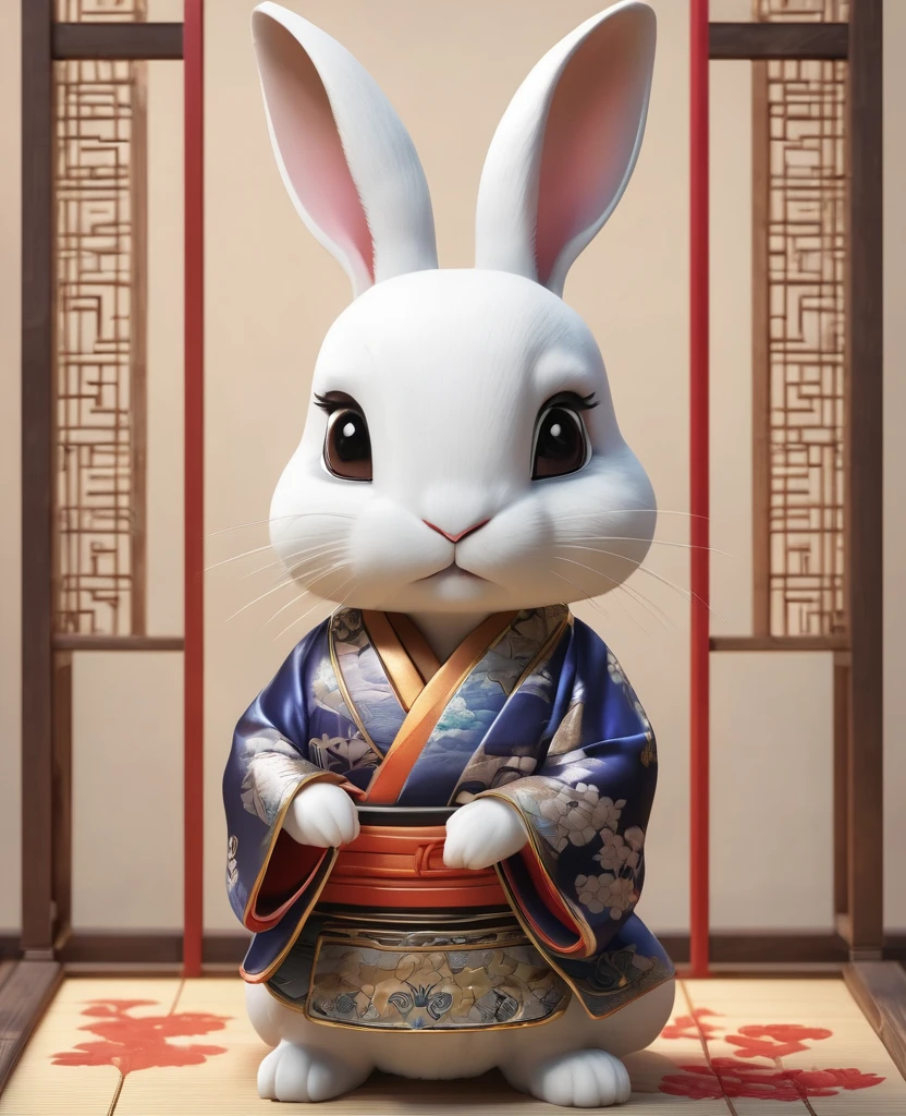 Cute white rabbit3D Image、Gaze kindly、wear Kimono、Think of something fun、Bring happiness、The background is a shining shrine、Standing, gazing gently at the viewer, Chinese elements、 Very detailed、