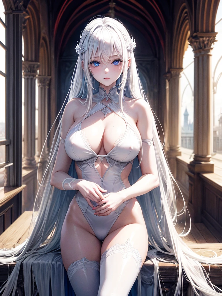 Girl with long white hair，In the old castle，gothic makeup，Completely naked，whole body，，White skin，blue eyes，He is standing shyly in an ancient castle in Europe，long white hair，White skin，blue eyes，Huge breasts，Bikini，sitting happily，8K，，aldult