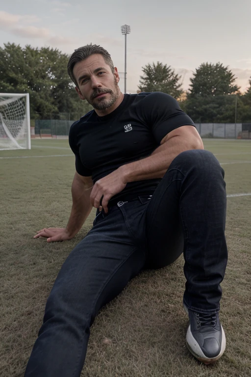 (((Muscular man))) masterpiece, best quality, high resolution, closeup portrait, male focus, solo focus, A man, 50 years old, grey hair, soccer player, football player, grey silver hair, messy hairstyle, cute and seductive face, bare chest, body hair, facial hair, roman nose, , hairy legs, cute, dimples, goatee and mustache, bold jawline , full body, sweaty, in the background an outdoor soccer football field, amazing composition, , HDR, ultra quality, elegant, highly detailed,, beautiful asd, realisric male genitalia (((Big muscles))) (((black jeans))) (((lay down))) penis out