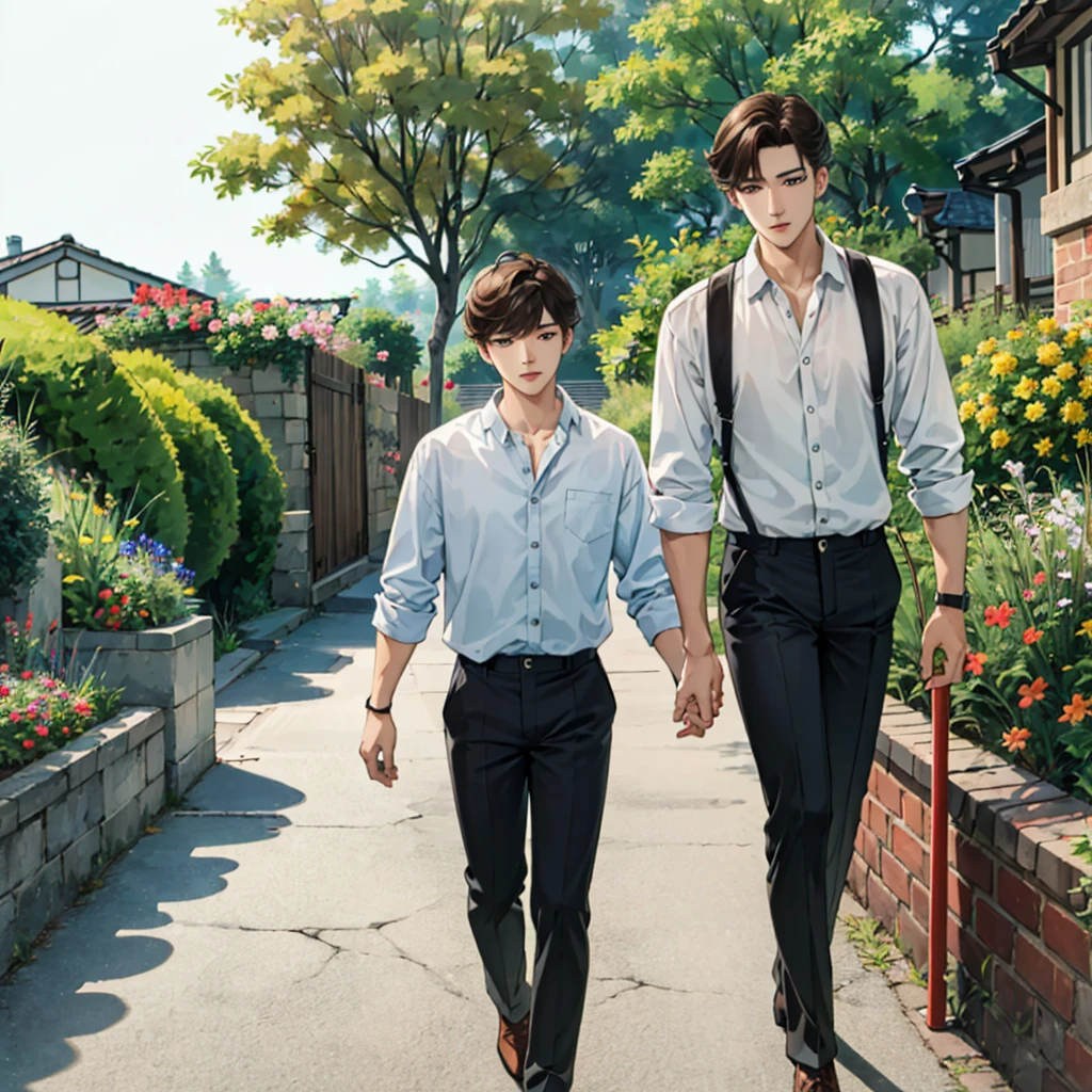Good looking Korean man,brown hair,blue eyes,walking to school,The background has flowers that aren't all pink.,The weather is cool.,Cloudy