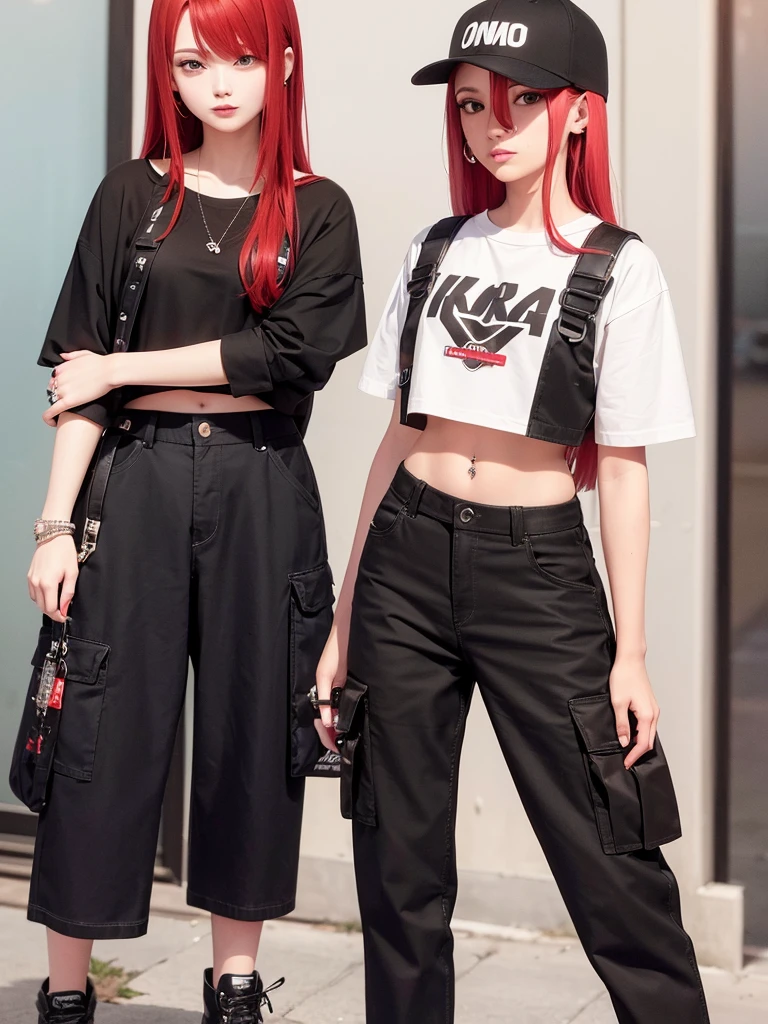 one with red hair, smoking a cigarette, com cropped preto, wide cargo pants, e piercing no septo