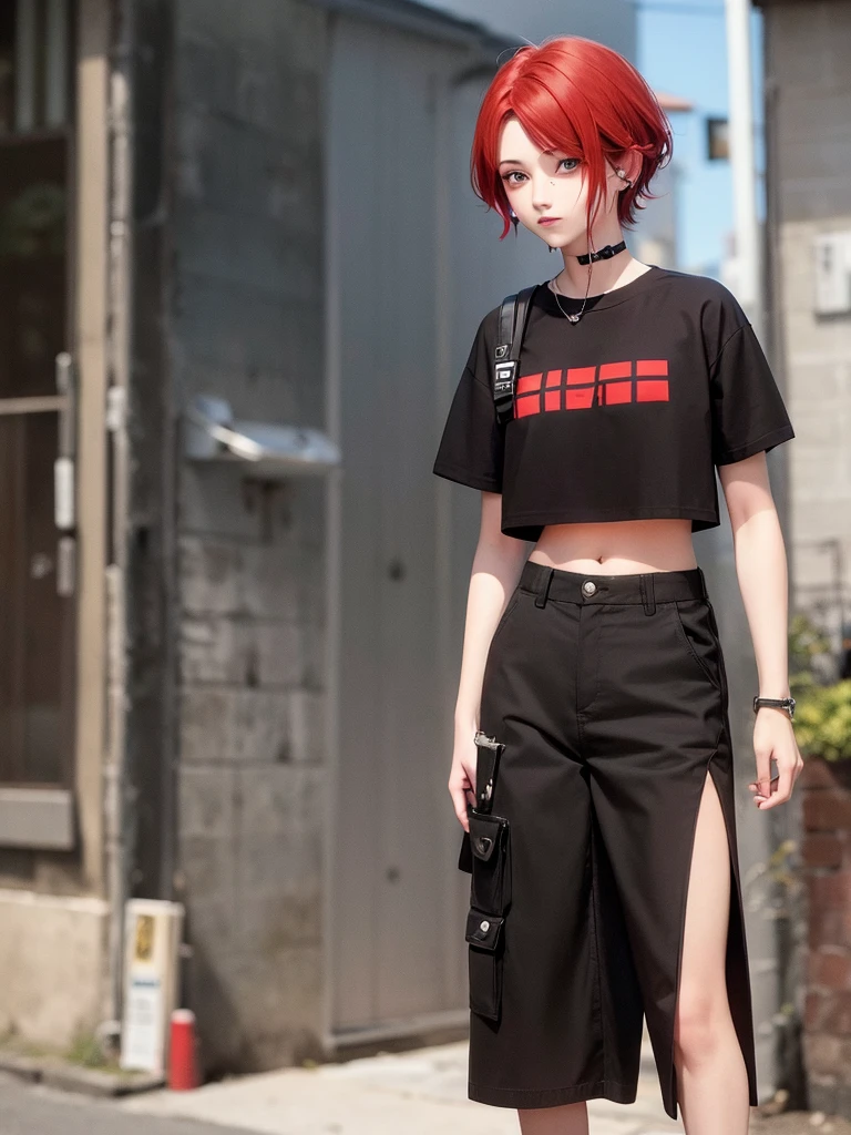 one with red hair, smoking a cigarette, com cropped preto, wide cargo pants, e piercing no septo