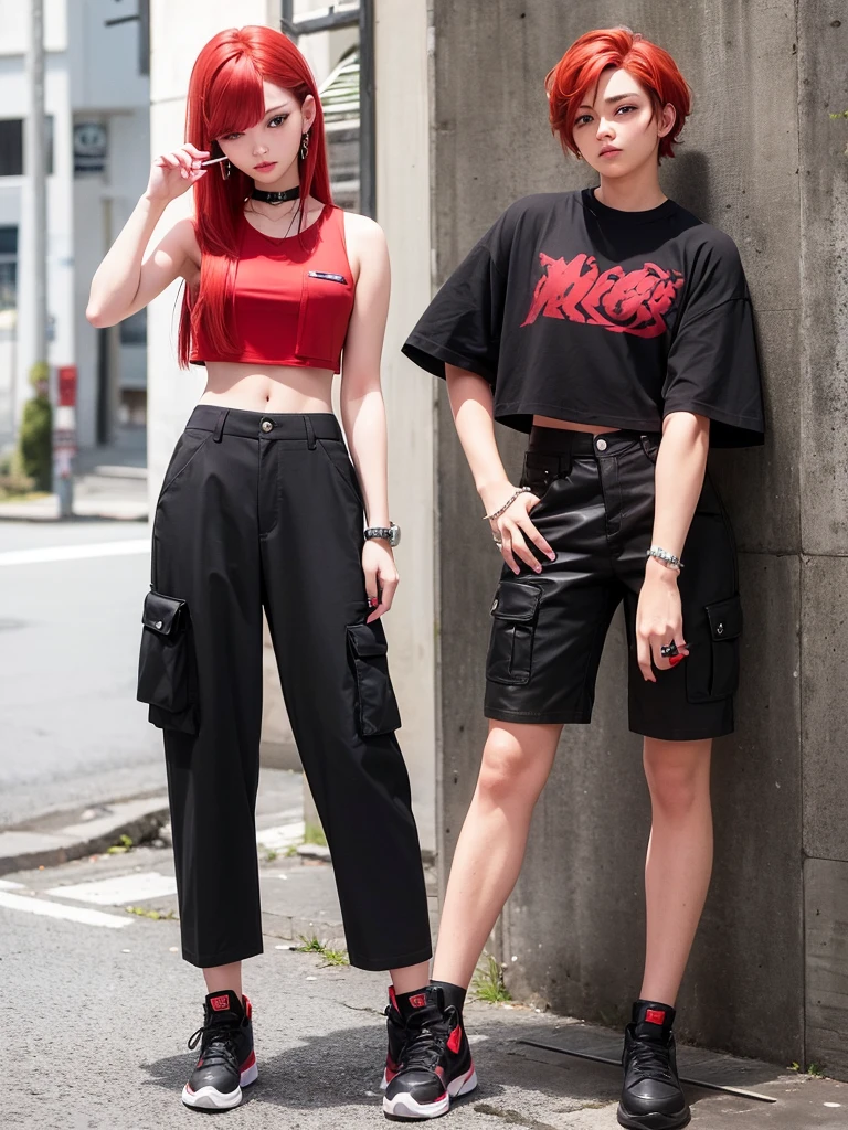 one with red hair, smoking a cigarette, com cropped preto, wide cargo pants, e piercing no septo