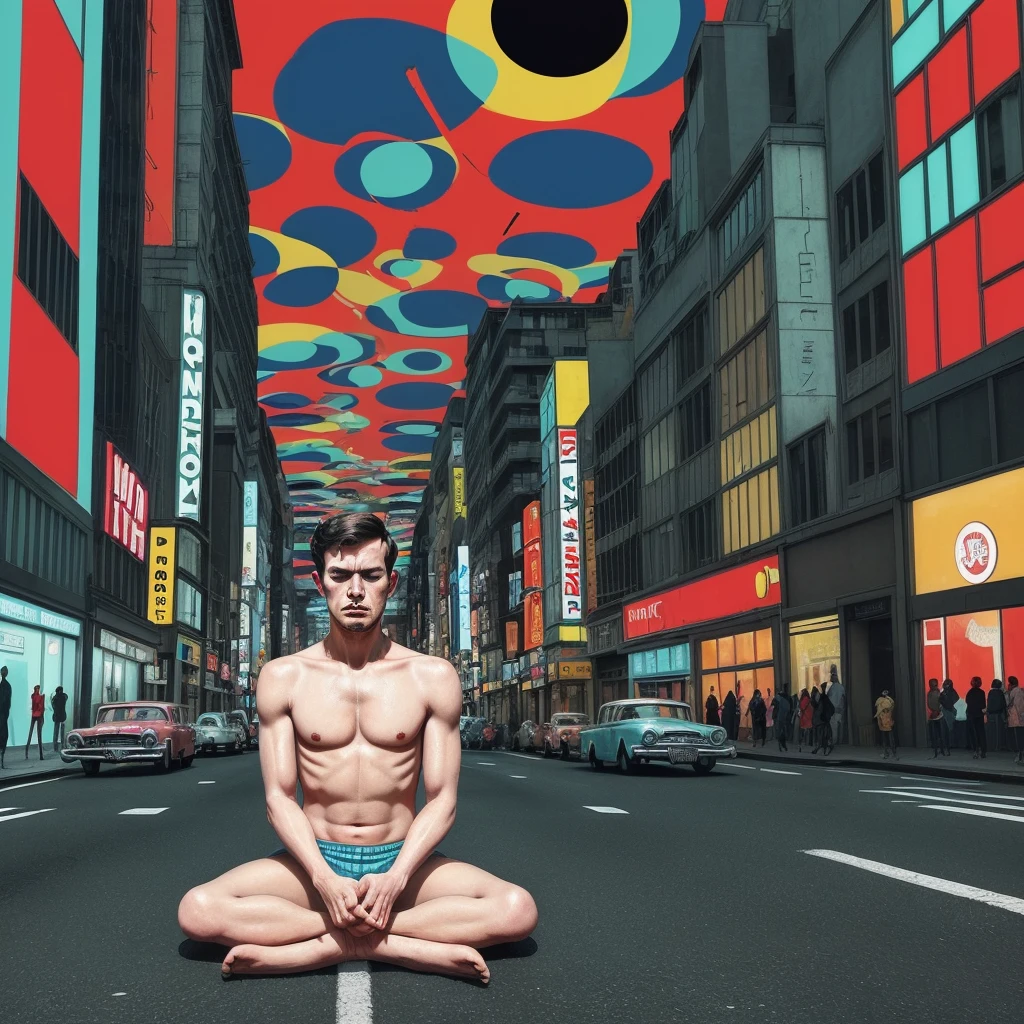 Pop art image, 1960s style, with a man meditating in the middle of the street, amidst the chaos of the city,1024x1024, swirly vibrant colors, simplicity, symmetrical composition