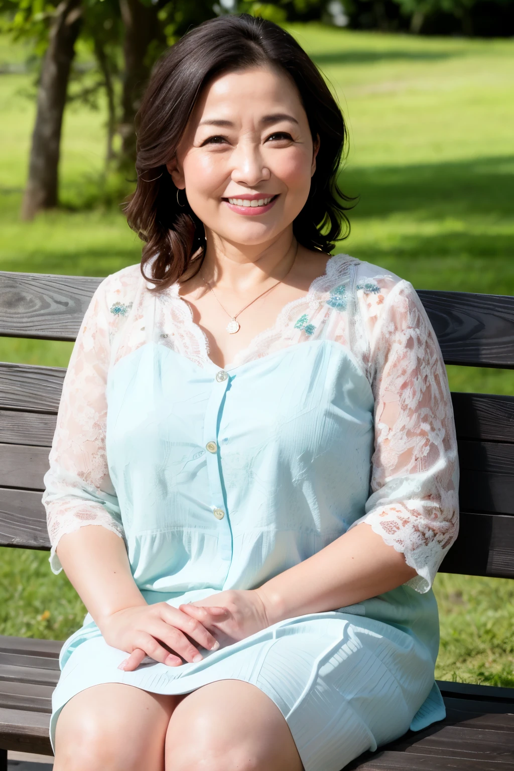 8k wallpaper, masterpiece, Highest quality, Super detailed, One Mature Woman, 50 years old, Become very clear, Wearing short sleeves, Skin dents, Captivating smile, Looking at the audience, , plump, Curvaceous, Fascinating face, Smiling with teeth showing, Wrinkles around the eyes, Sitting on a park bench, Background Blur
