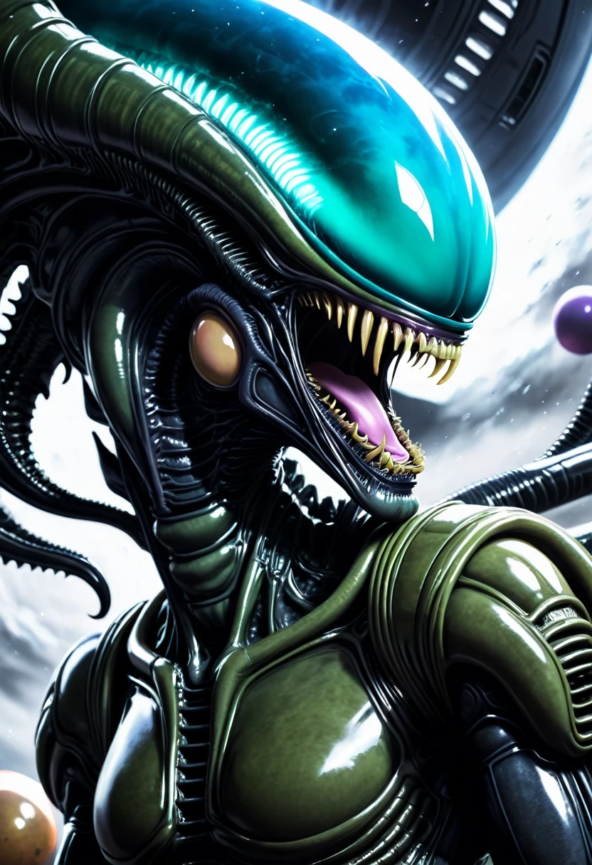 (((extreme close-up (((Xenomorph Alien the eighth passenger))),((Dragon Ball Z))),(((Dragon balls)))HD cinematic surreal image))),(((color splash images)))