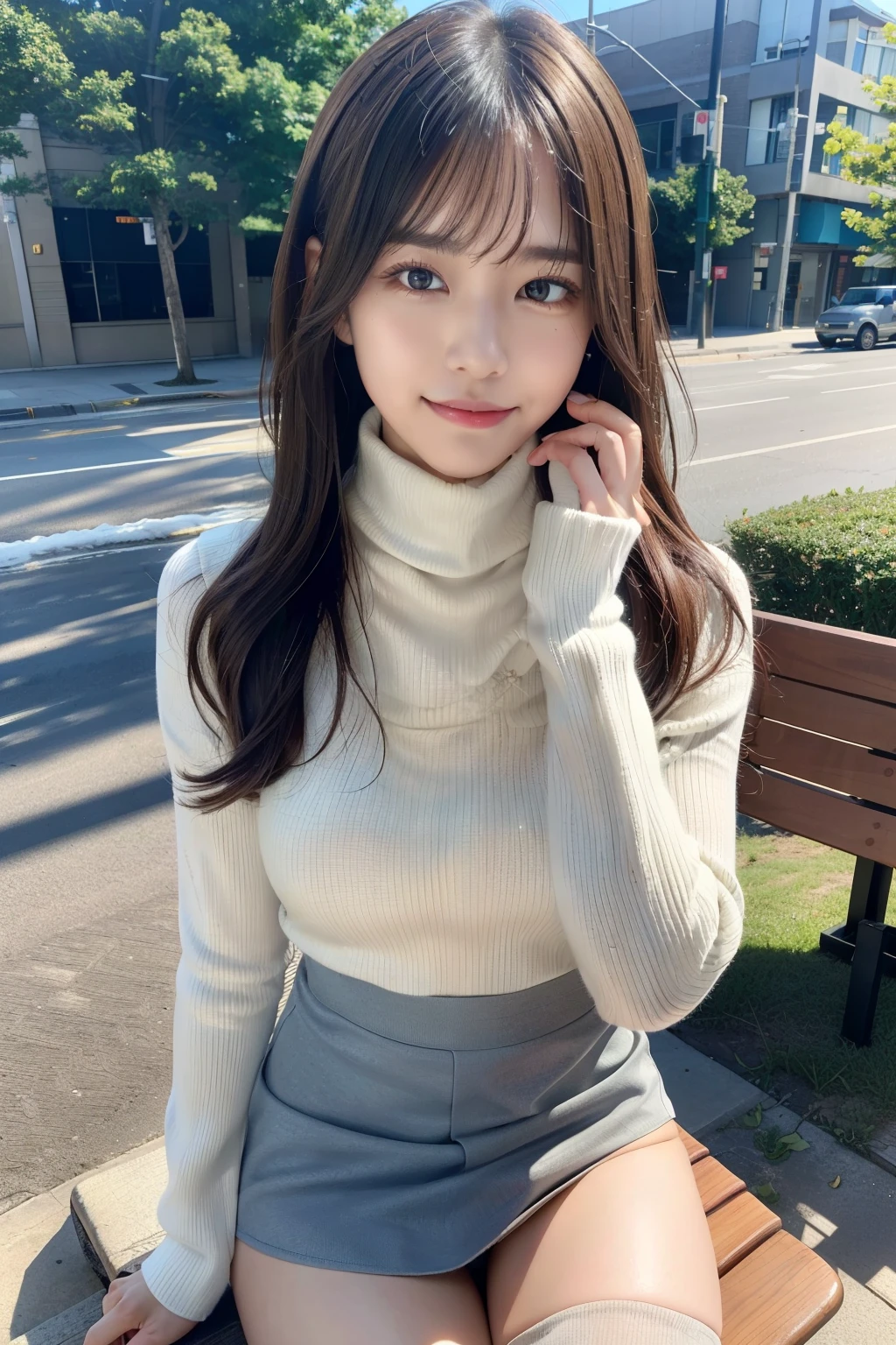 Top image quality、​masterpiece、超A high resolution、Raw photography、(Photorealsitic:1.4)、1girll、A detailed face、cowboy  shot、(turtle neck、a miniskirt、Muffler on the neck:1.5)、 long dishevelled silver-haired:1.5、Bokeh、Beautiful light inodell pose、slender、Korean Idol、age19、（A smile:1.5)、Street Trees、sit on a bench、