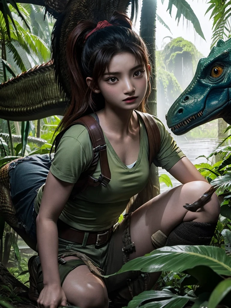 Chica linda como wang yiren, in jurassic park jurassic park with a little dinosaur.