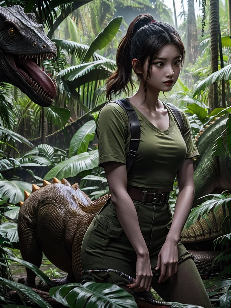 Chica linda como wang yiren, in jurassic park jurassic park with a little dinosaur.