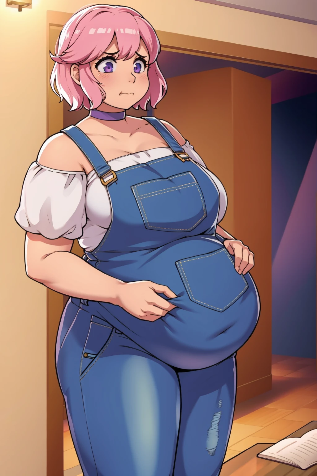 Holding belly, hands on belly, outgrown clothes, (Sad:1.1), (Sad face:1.1)Pale skin, (Obese:1.1),fat, Slightly chubby, sad, farm backround, upper body, looking at viewer, 1girl, solo, short pink hair, (dark blue choker), (dark blue denim overalls), (purple eyes), (pink boots), (white shoulder lantern sleeve blouse, tucked in pants