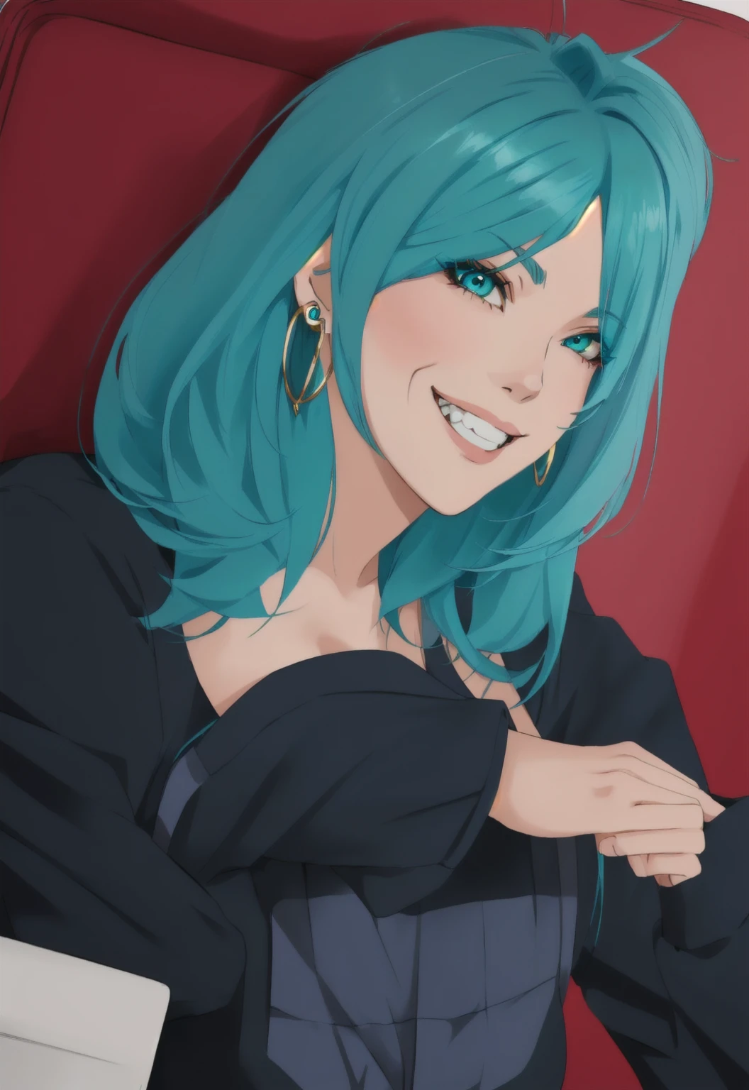 woman with blue hair, anime girl with teal hair, earrings, evil smile, fly under the eye, crossing fingers, sat on a chair