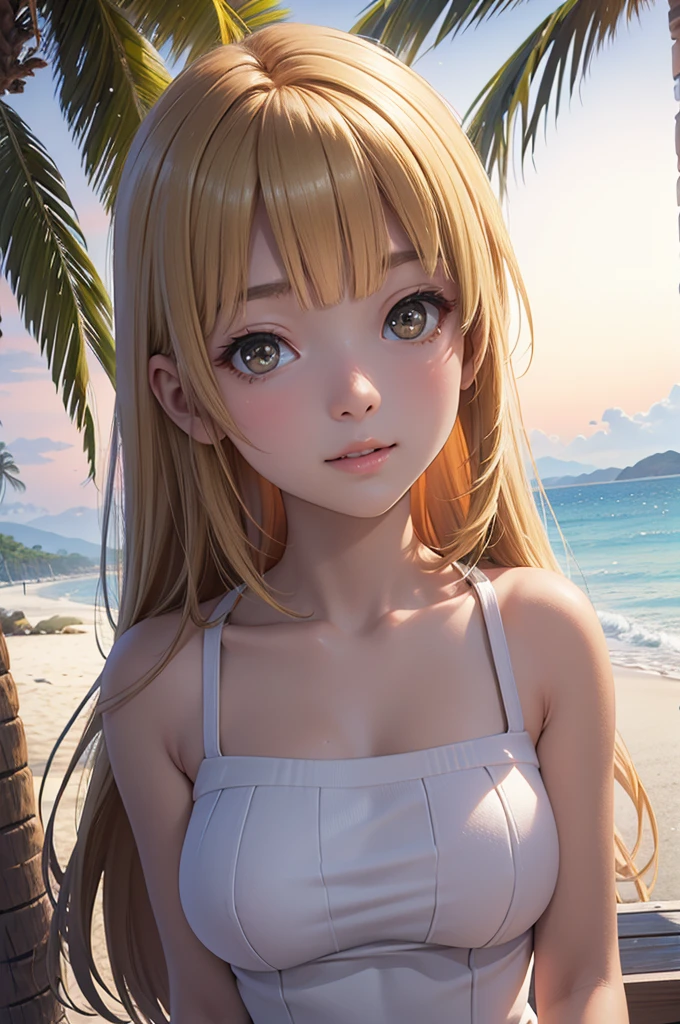 masterpiece, rich colors, Best quality, detailed, high resolution, Hyper quality, high detail, , high quality, detailing, skinny sexy girl on the beach , bright lighting , Brown eyes, Anime, palm trees, bright lighting, blonde,