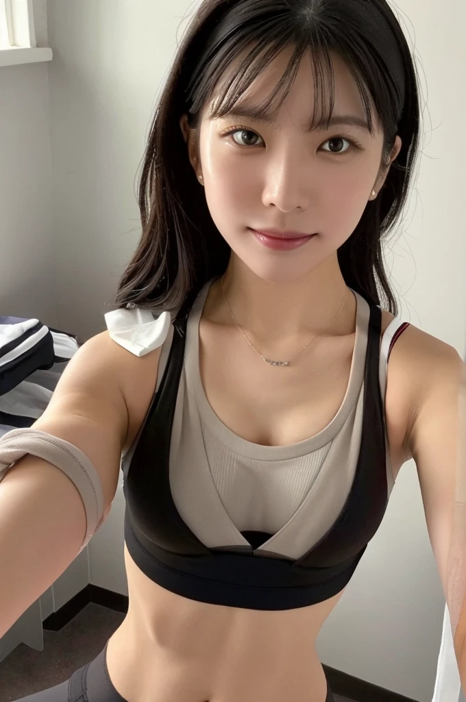 nsfw, (wearing sports bra, side-tie panties:1.4),bra top:black, (selfie shot:2), (Close Up: flat chest:1.5),from above,(flat chest:1.3), Top quality, 1 beautiful Japanese woman, ,high school student,(18 years old),medium hair, (brown hair:1.2), Ultra-realistic capture, Highly detailed, High resolution 16k close-up of human skin. Skin texture must be natural, With such detail that pores can be finely identified. Skin should look healthy, In a uniform tone. Use natural light and color,