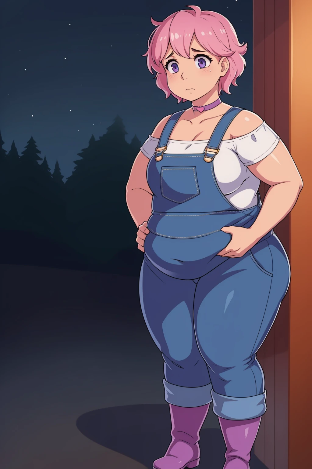 Holding belly, hands on belly, outgrown clothes, (Sad:1.1), (Sad face:1.1)Pale skin, (Obese:1.1),fat, Slightly chubby, sad, farm backround, upper body, looking at viewer, 1girl, solo, short pink hair, (dark blue choker), (dark blue denim overalls), (purple eyes), (pink boots), (white shoulder lantern sleeve blouse, tucked in pants