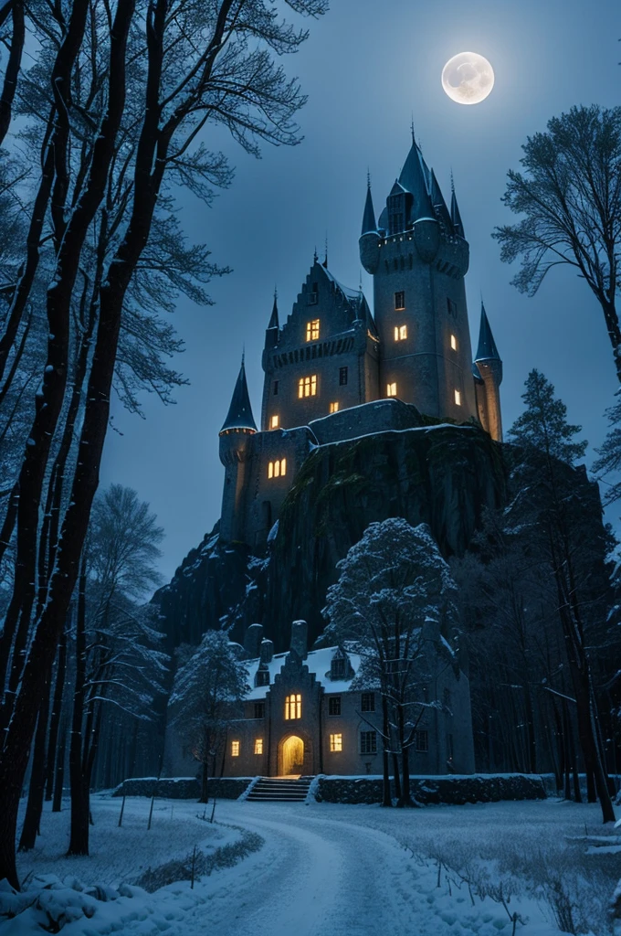 Grifyndor Castle, Narnia, 4 torres, a forest, mean moon, illuminated windows, magical atmosphere. There are other castles nearby.