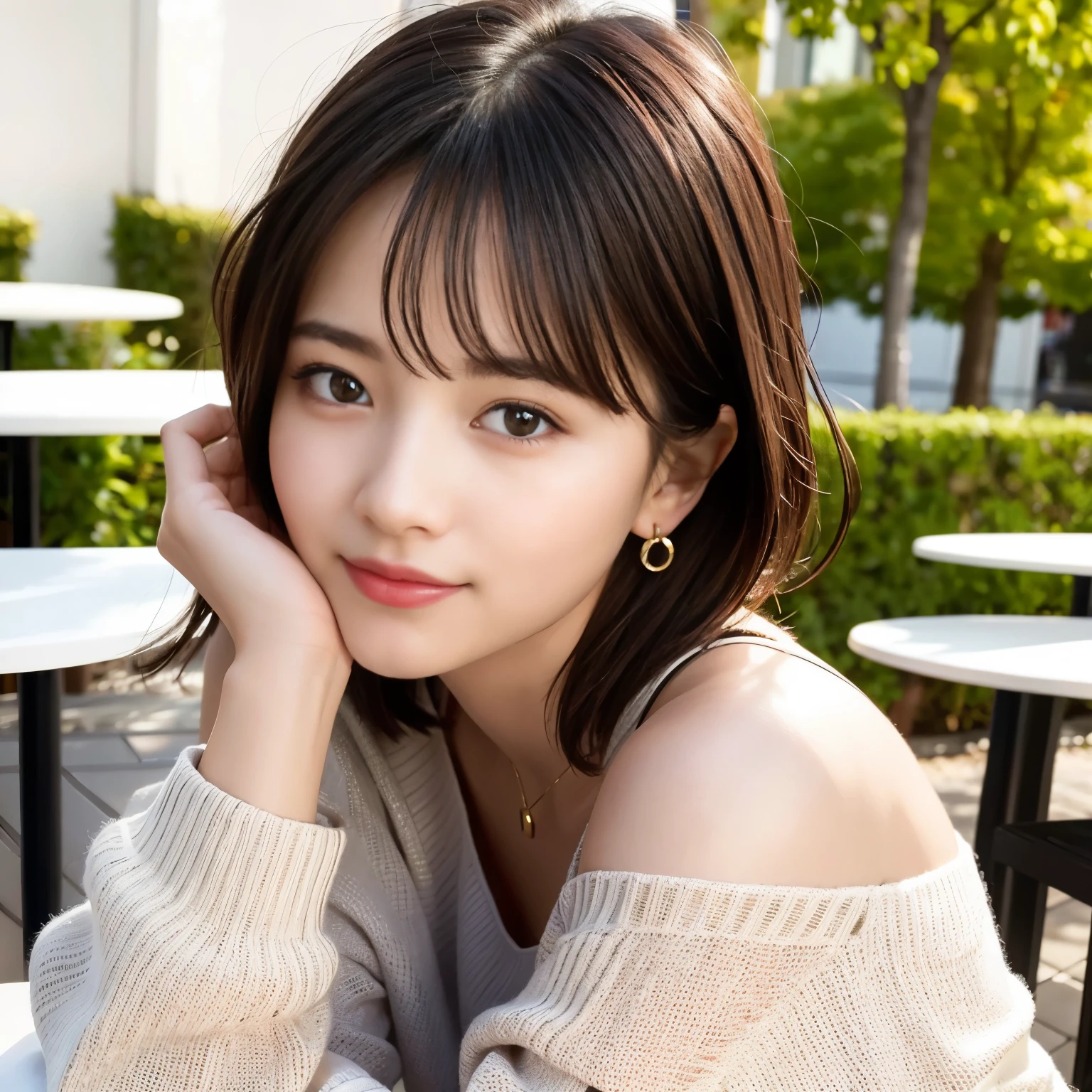 best quality, photorealistic, 8k, high res, perfect lighting, gorgeous, masterpiece, realistic, closeup portrait,
1girl, piercing eyes, wearing an off-shoulder sweater, medium breasts, short hair, looking at viewer,  kind smile, outdoors, in a cafe