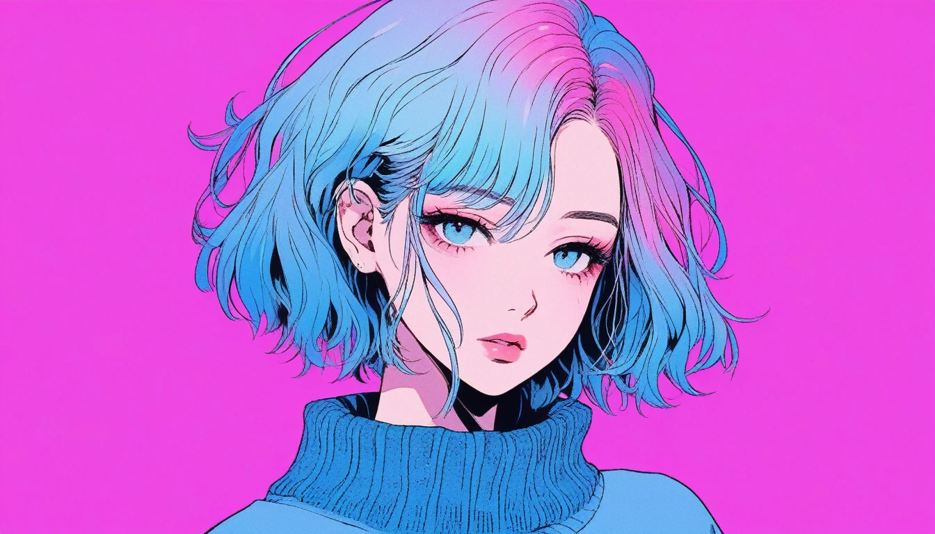 Illustrator, anime , Realistic ,sketch , 1 Girl, ,lip, sweater,order, Blue gradient background, Neon Hair,Textured Trim, Canadian, (masterpiece,Highest quality) Cancer