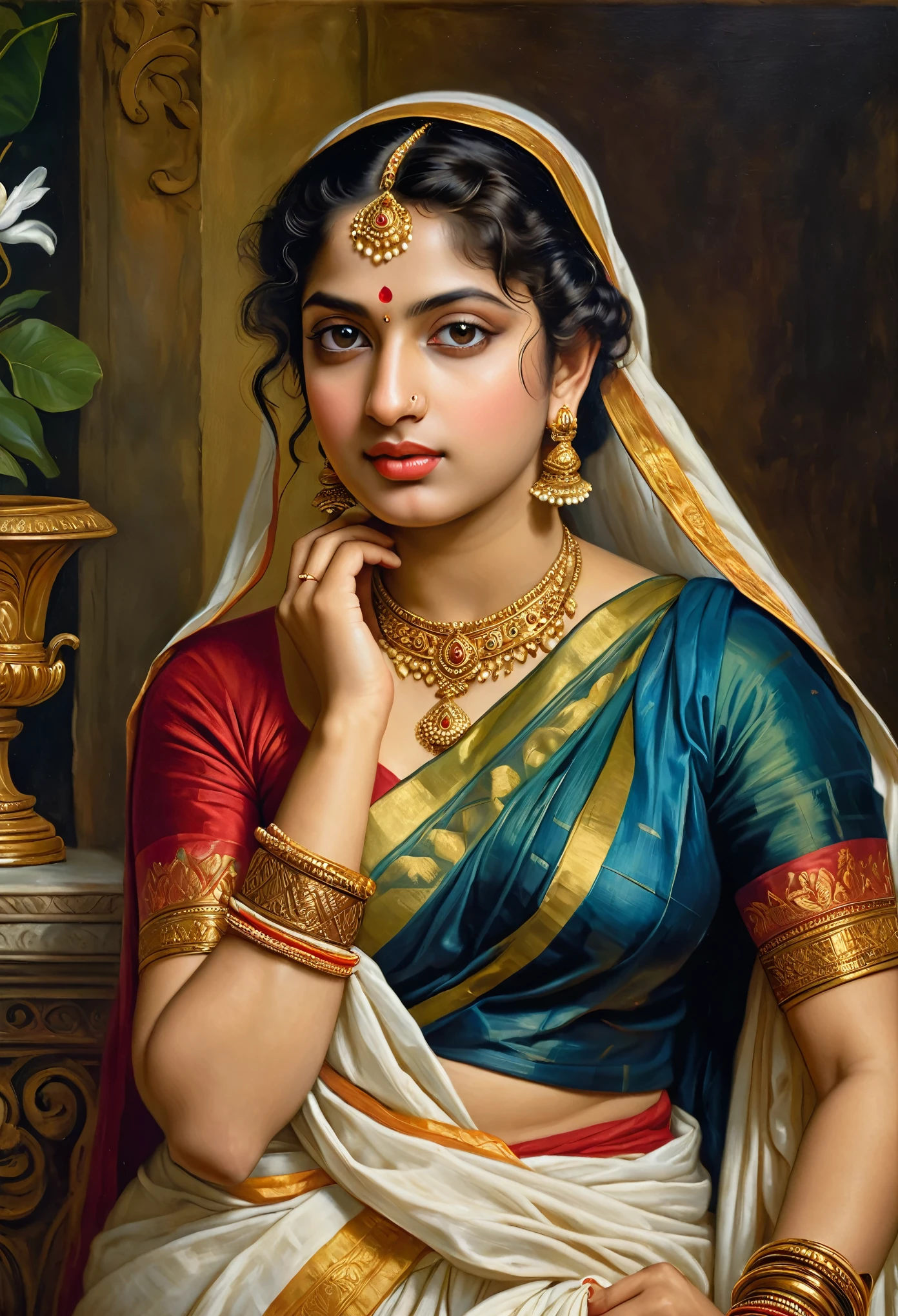 Beautiful Indian Woman, wearing saree, sari Beauty, gorgeous, Apsara, Maharani, royal queen woman, nymph from Hindu Mythology, Urvashi, matchless beauty, Highly detailed, Oil Painting by Peter Paul Rubens inspired by Raja Ravi Varma, Matchless beauty, captivating, gorgeous, heavenly beauty, celestial beauty, by Peter Paul Rubens, 13, realistic, hyper realistic, micro details, incredible artwork, insane details, ultra High resolution, 8k, 32k, acrylic on canvas, intricate, flawless, detailed, detailed face, detailed eyes, masterpiece, by Peter Paul Rubens, by Caravaggio, by William Adolphe bouguereau, perfect face, perfect body, beautiful art, realism, baroque, renaissance Art, highly textured, beautiful and detailed eyes, uhd, best quality,
