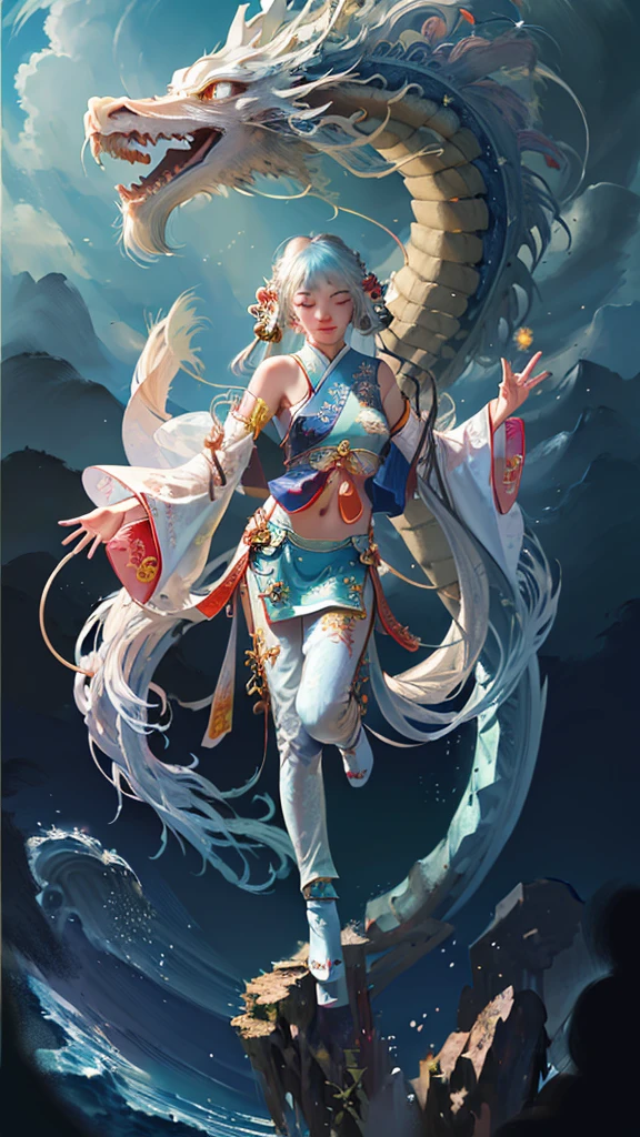 Official Art, Unified 8K Wallpapers, Ultra Detailed, Beautiful and Aesthetic, Masterpiece, Best Quality, (Zentangle, Tangle, Entangle), (fractal art: 1.4), 1girl, black hair, Chinese, bare shoulders, short skirt, calf, navel, very detailed, dynamic angle, cowboyshot, (most beautiful form chaos), flowing, (bright colors), oc, (half: 1.2), china, (thangka flying sky: 1.5), (ribbon: 1.3), (dream: 1.5), (hanfu: 1.5), Chinese dragon, Chinese phoenix, (smile: 0.5), (Chinese deity),boy